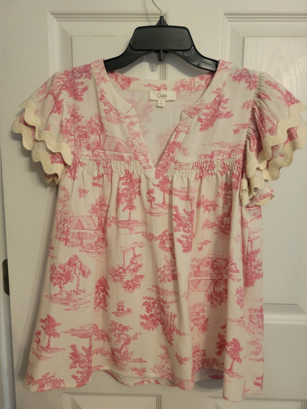 Oddi Vintage Design Pink Toile Ruffle Sleeve Blouse